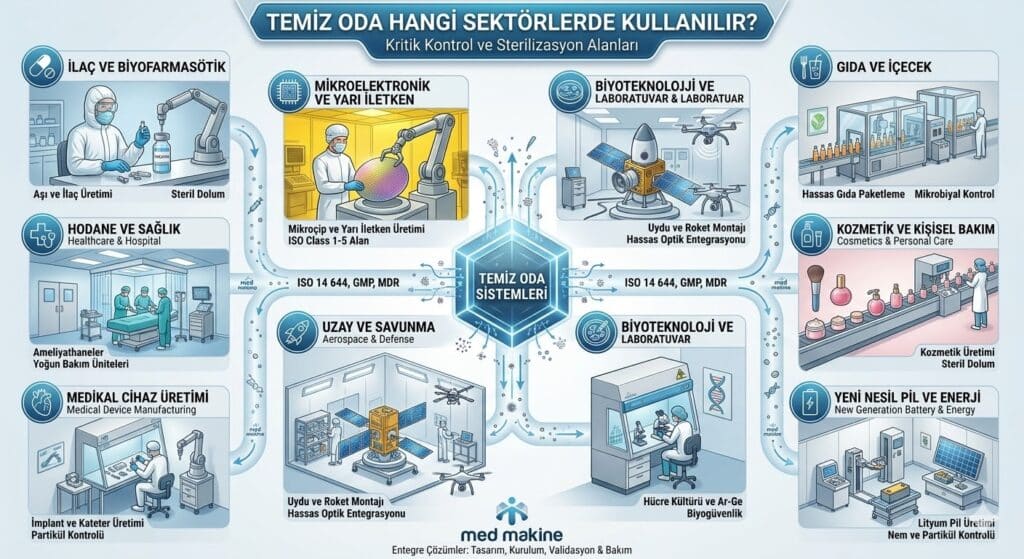 İlaç ve biyoteknoloji tesislerinde çoğunlukla şu alanlar kontrollü şekilde tasarlanır